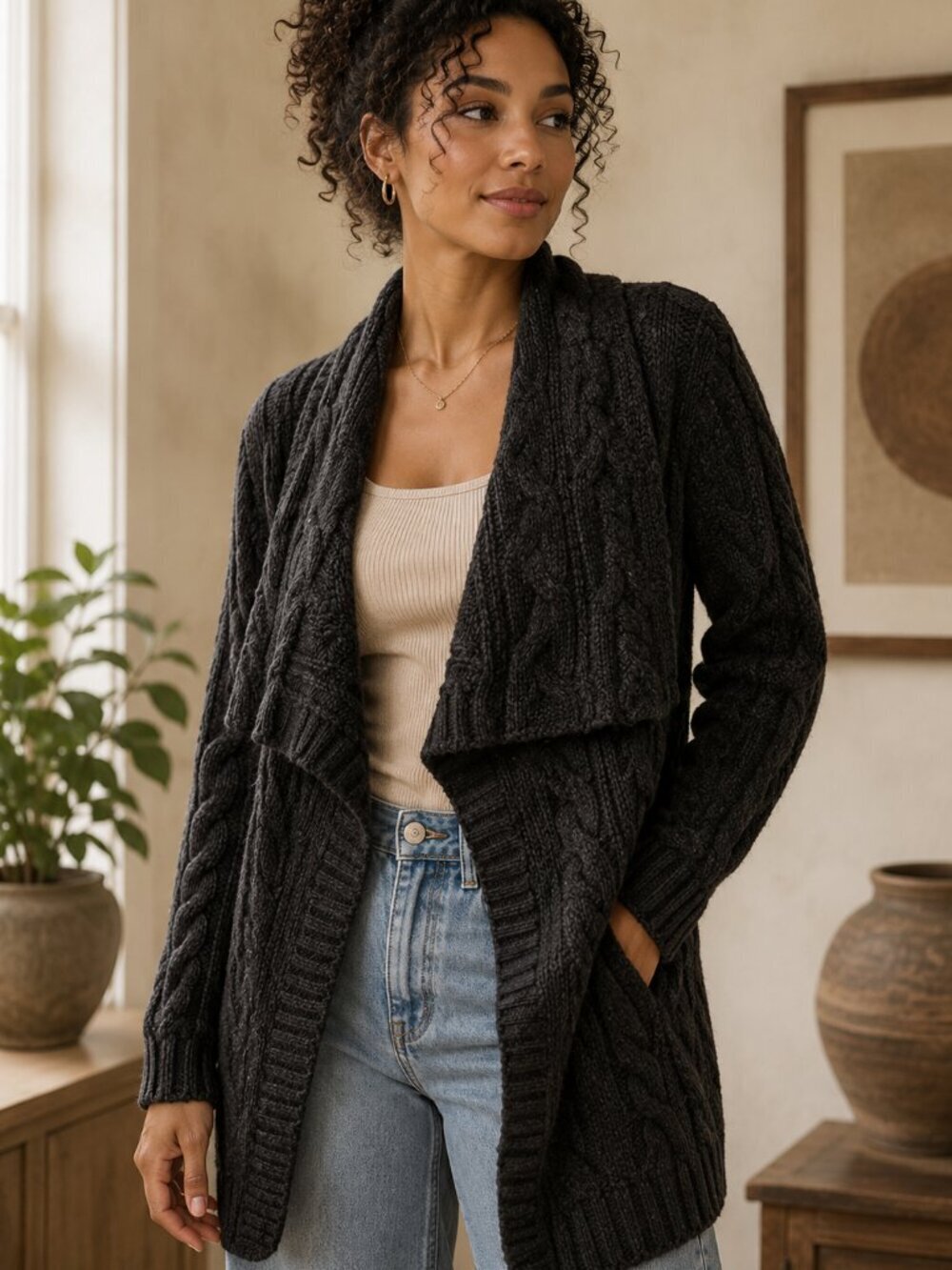 Brochu Walker Open Front Knit Cardigan Gray Petite